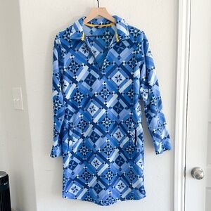 Lands' End Blue Geometric Fleece Pullover Tunic Dress size M (10-12)